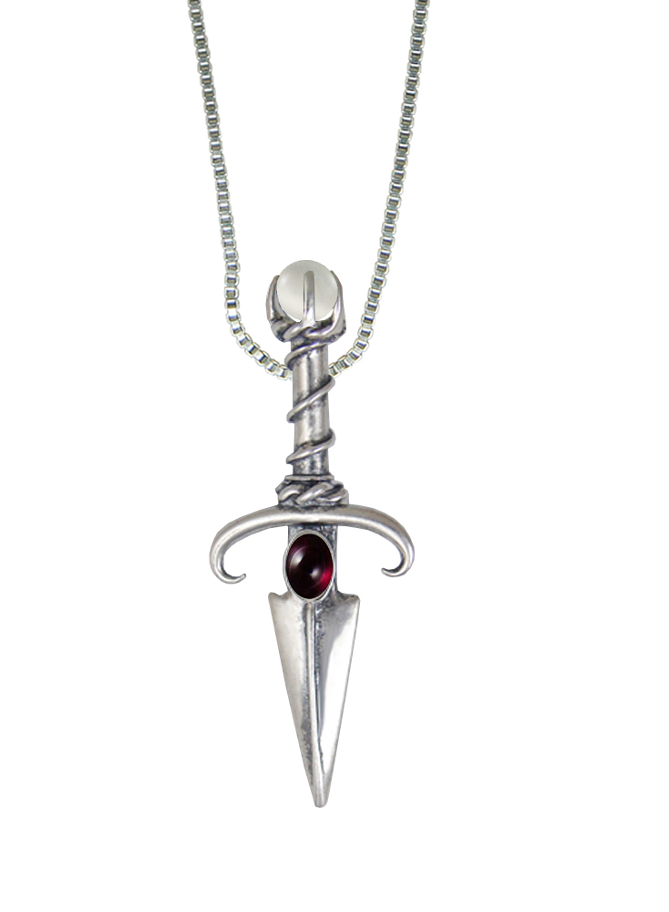 Sterling Silver Black Prince's Knife Dagger Pendant With Garnet And a Clear Glass Bead